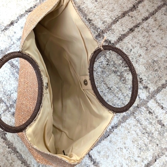 NWT Jute Lucky 7 Gold Glitter Bling Tote / Beach Bag / Travel Bag Round Handles - Picture 7 of 10